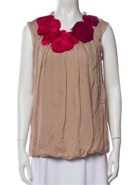 Sleeveless Beige Floral Applique Top with Pink Accents